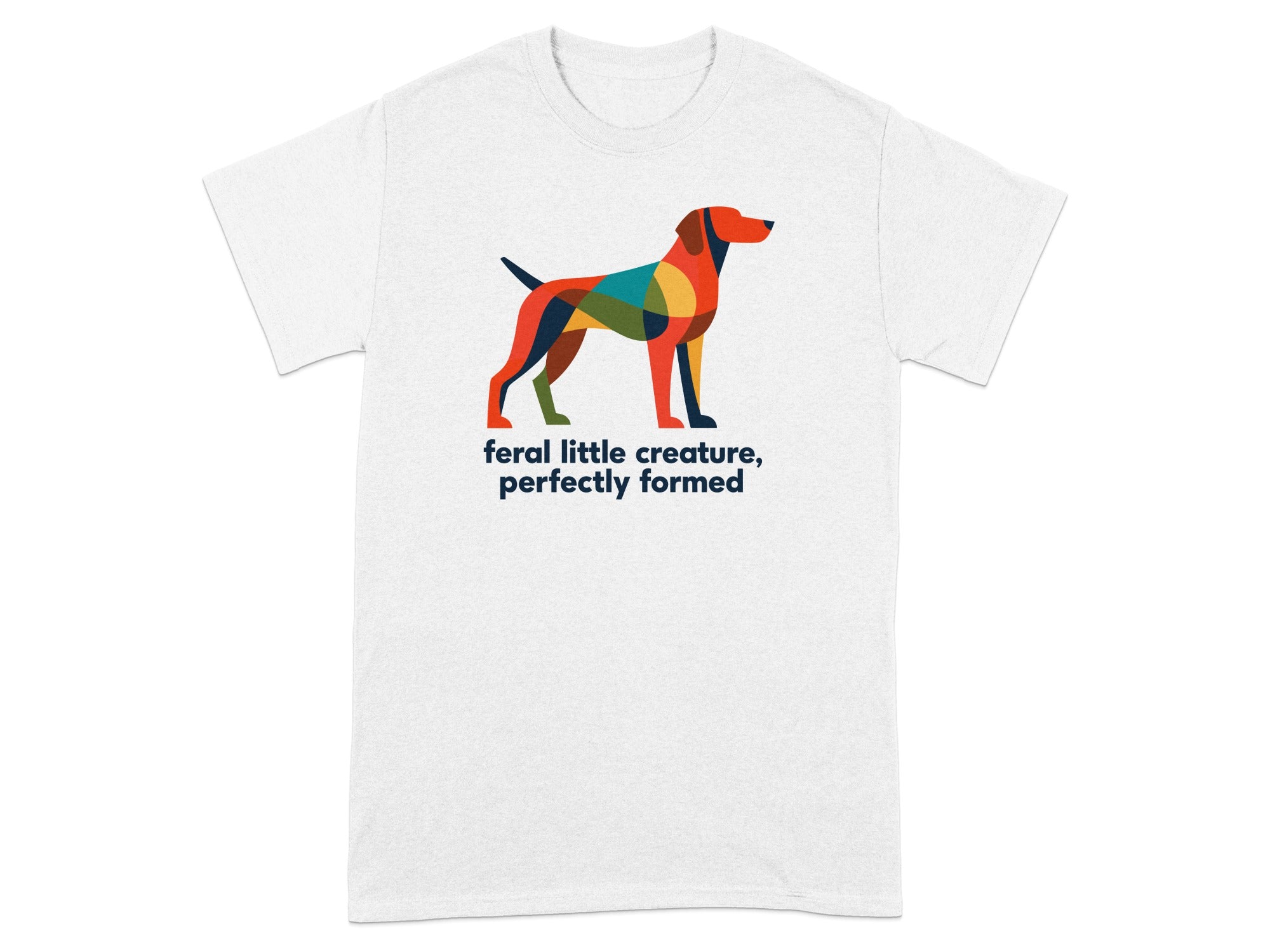 T-shirt with colorful abstract dog illustration and text.