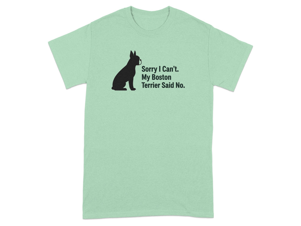 Light green t-shirt with a black silhouette of a Boston Terrier and text.