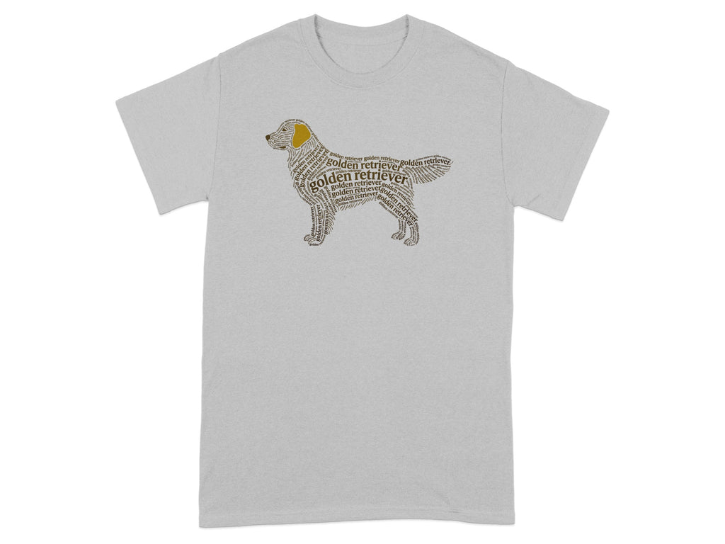 T-shirt with a golden retriever silhouette formed by "golden retriever" text.