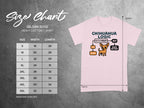 Gildan 5000 t-shirt size chart with 'Chihuahua Logic' graphic and measurements in inches.
