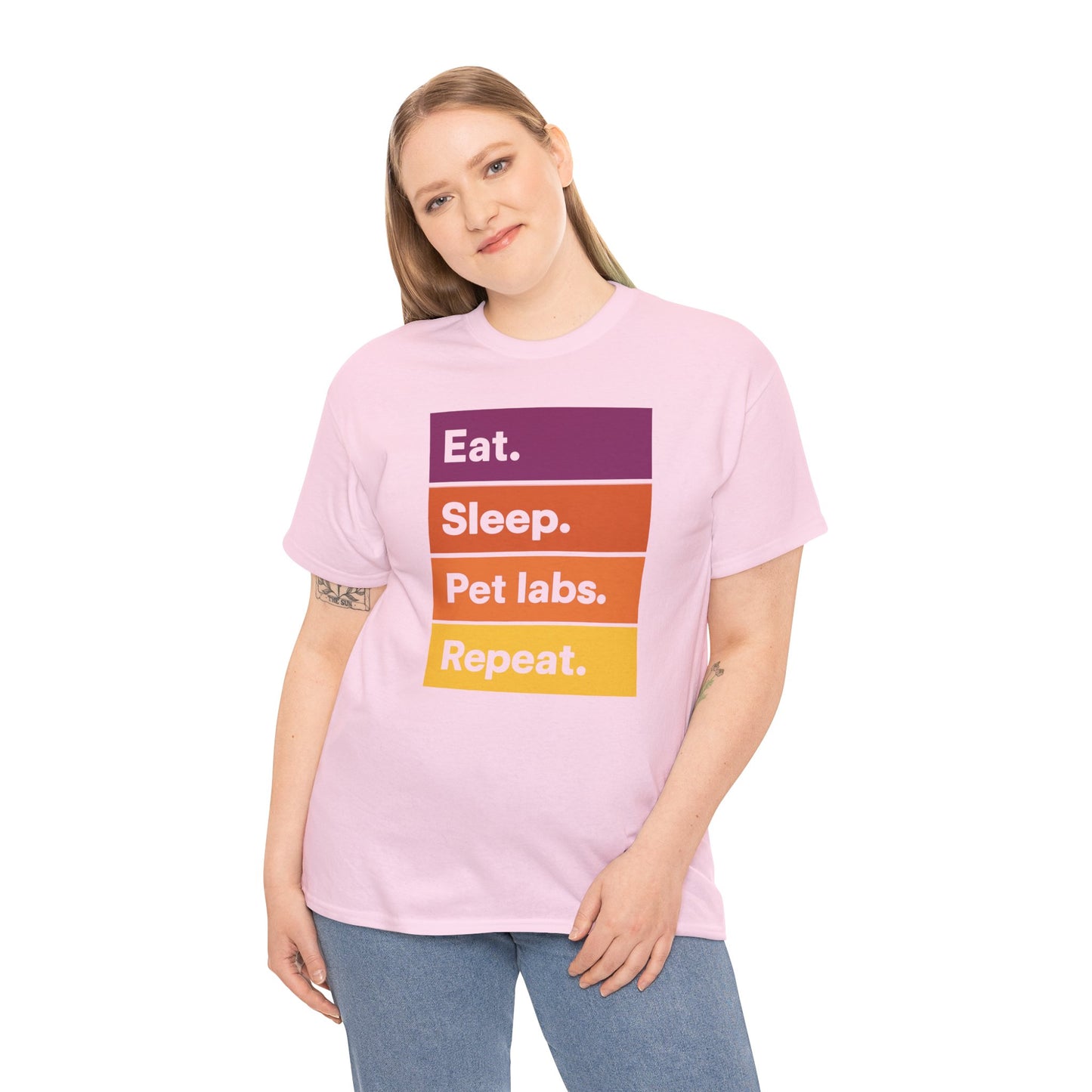 Color Block Unisex T-Shirt with Retro Sunset Colors and 'Eat Sleep Pet Labs Repeat' Text