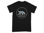 Black t-shirt with white text and a cartoon dog wearing a circle.
