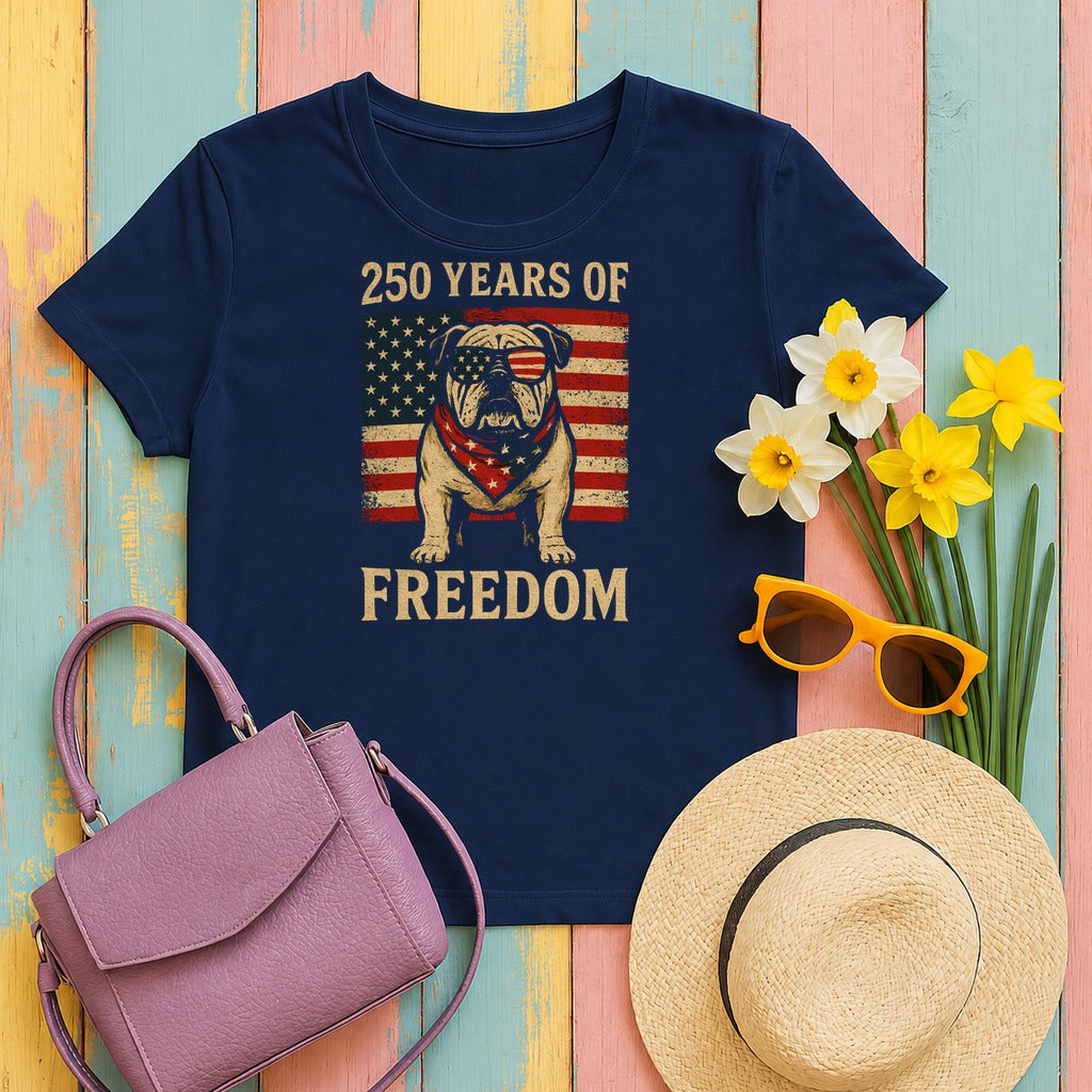 250 Years of Freedom Patriotic Bulldog USA Flag T-Shirt in Navy