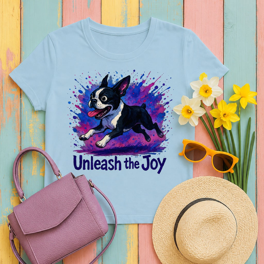 Unleash the Joy Boston Terrier Splash T-Shirt in Light Blue