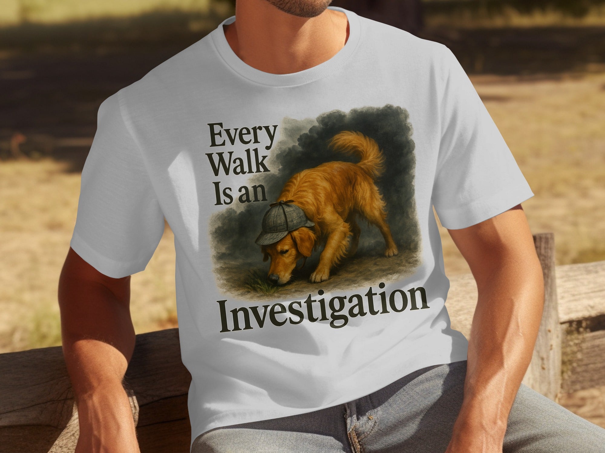 White t-shirt with illustration of golden retriever in deerstalker hat, text "Every Walk Is an Investigation".