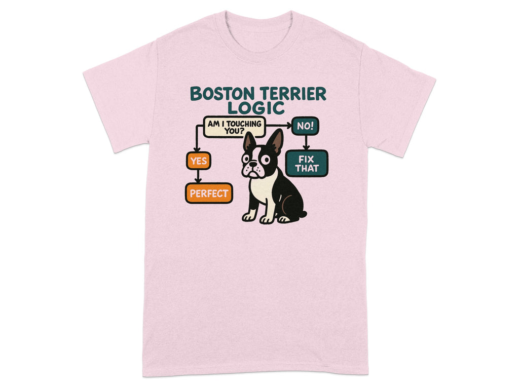 Pink t-shirt with "Boston Terrier Logic" flowchart and cartoon dog.