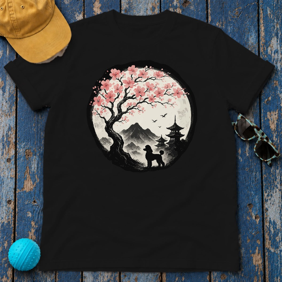 Asian Landscape With Poodle Silhouette T-Shirt in Black