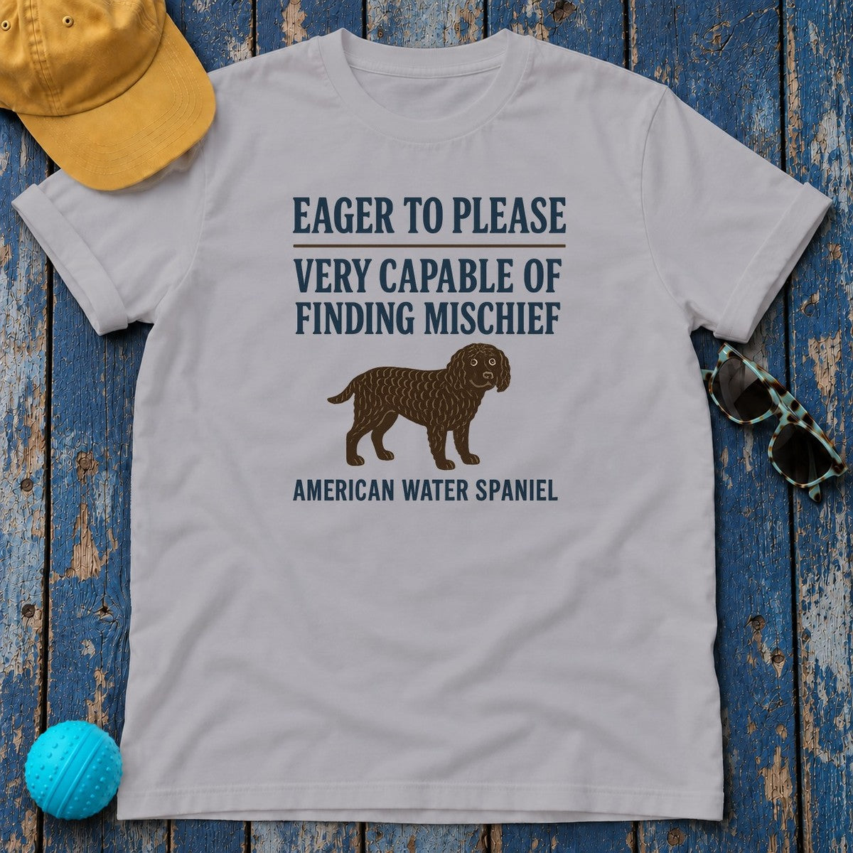 American Water Spaniel Eager To Please And Finding Mischief Tee in Athletic Heather