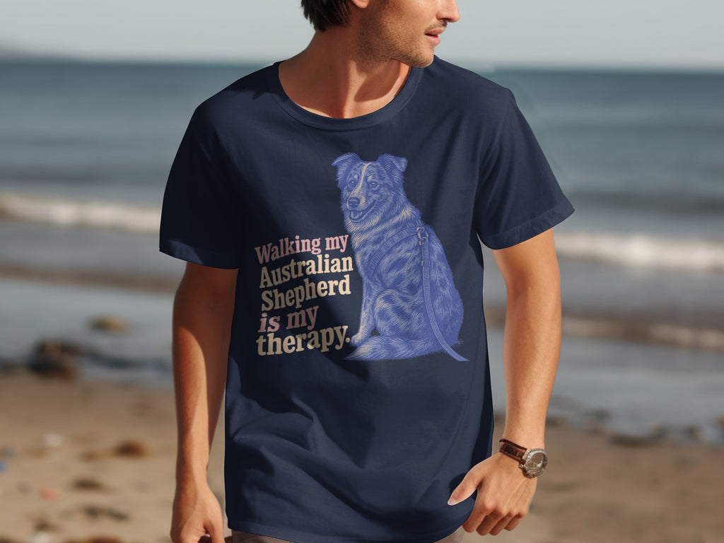 Navy t-shirt with sketch of Australian Shepherd and text "Walking my Australian Shepherd is my therapy."