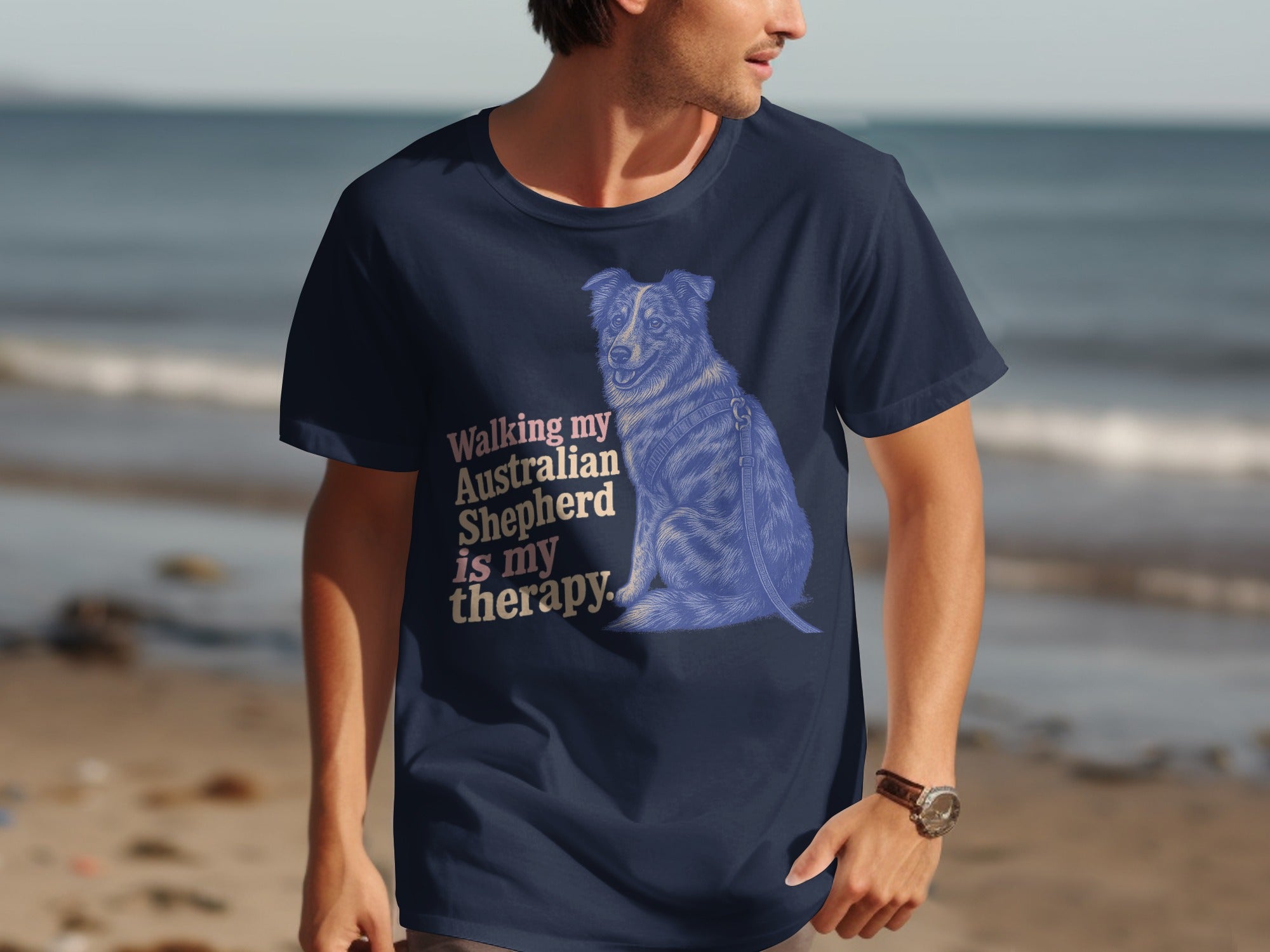 Navy t-shirt with sketch of Australian Shepherd and text "Walking my Australian Shepherd is my therapy."