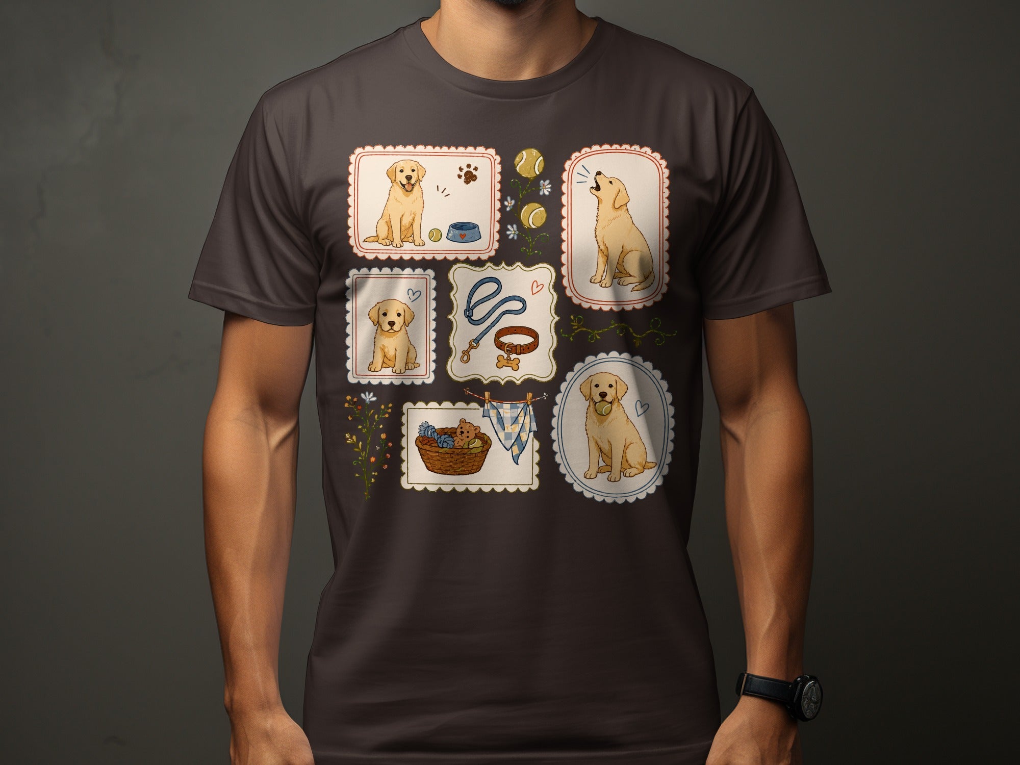 Brown t-shirt with a collage of illustrated golden retriever puppies and dog accessories.