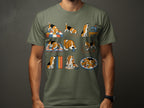 T-shirt graphic of beagle dogs interacting with sewing notions and fabric.