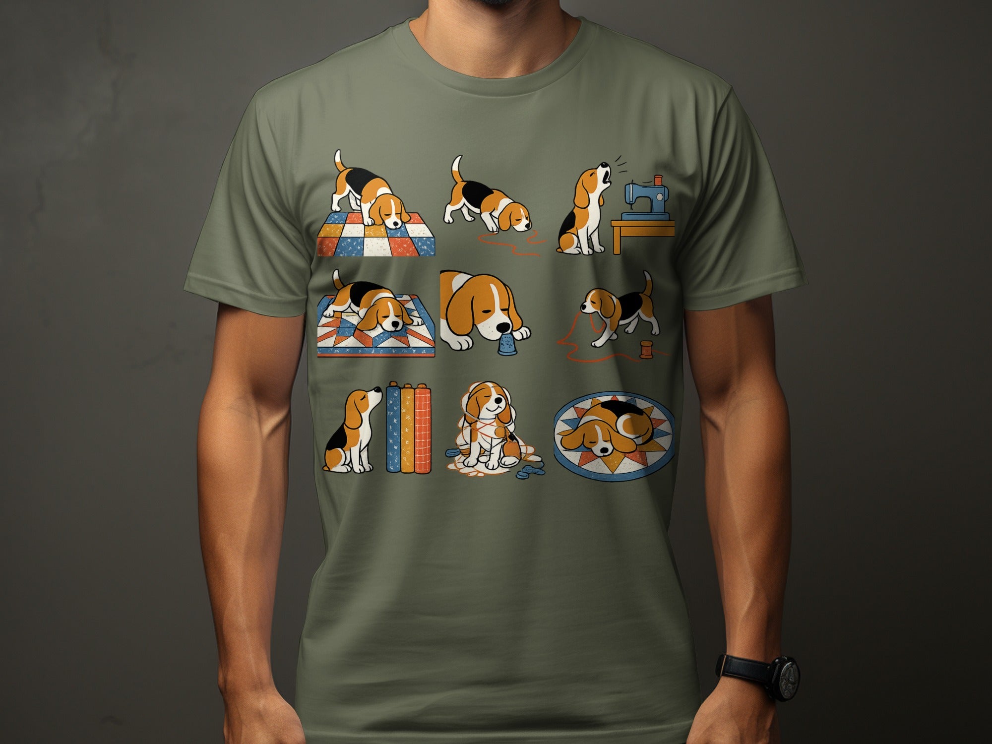 T-shirt graphic of beagle dogs interacting with sewing notions and fabric.