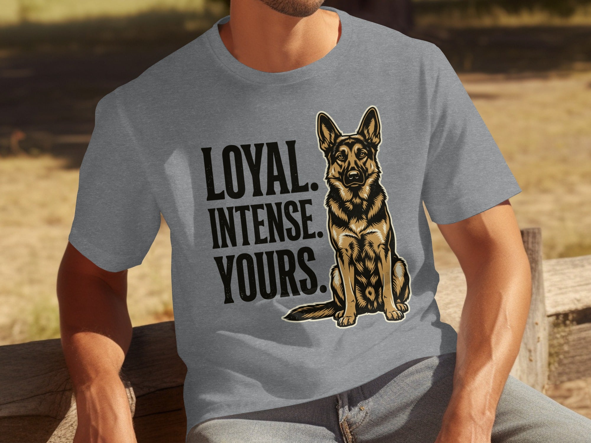 Grey t-shirt with a German Shepherd graphic and text "LOYAL. INTENSE. YOURS."