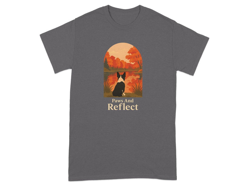Gray t-shirt with a black and white dog sitting by a lake with autumn trees.