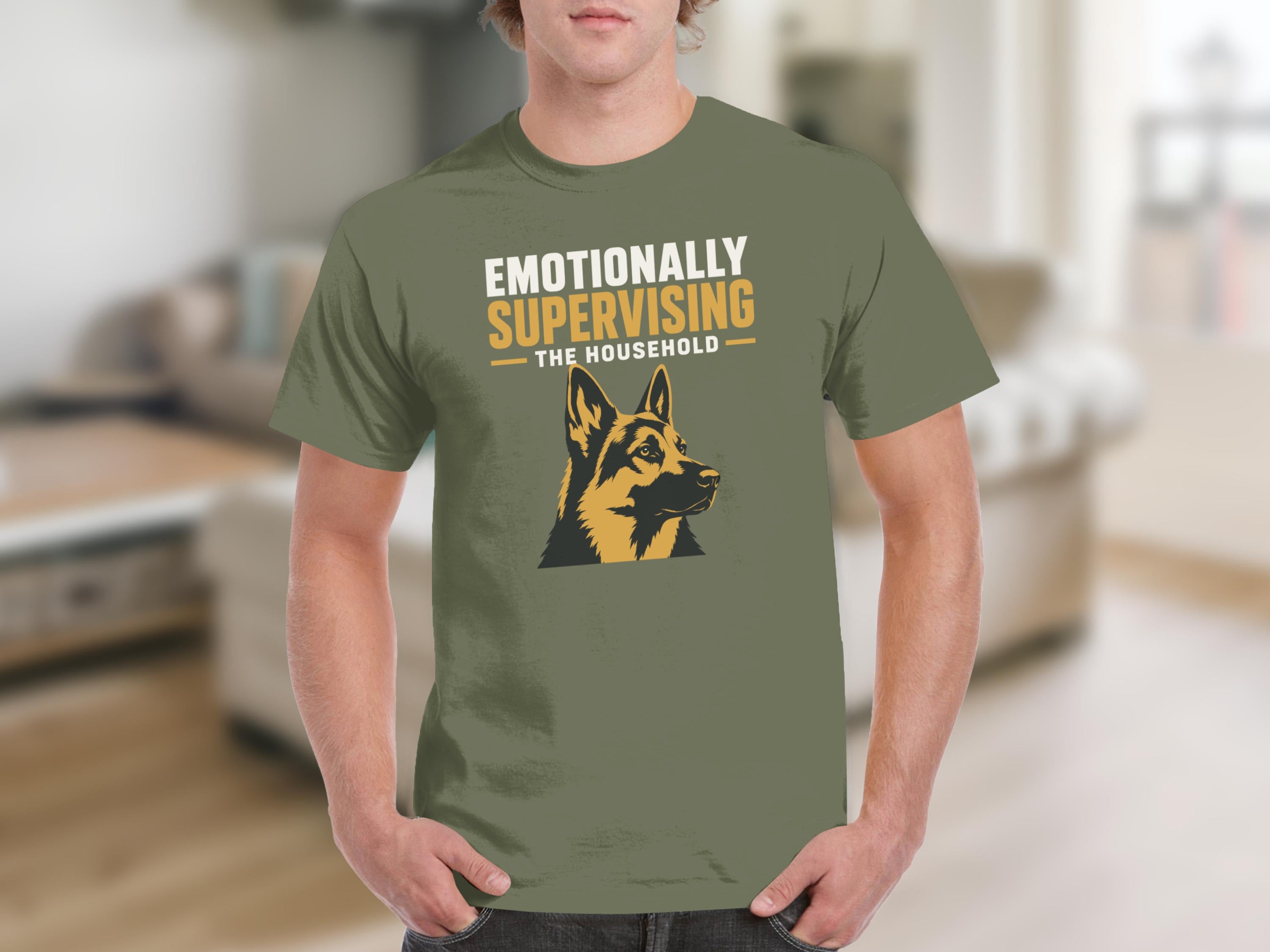 German Shepherd head graphic with text "Emotionally Supervising the Household."