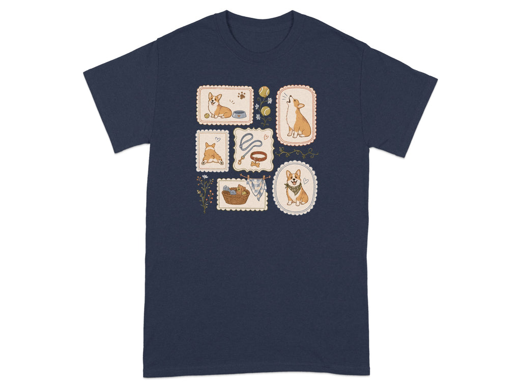 Navy t-shirt with four postage stamps featuring corgis and dog accessories.