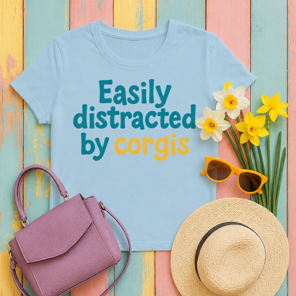 Easily Distracted By Corgis T-Shirt in Light Blue