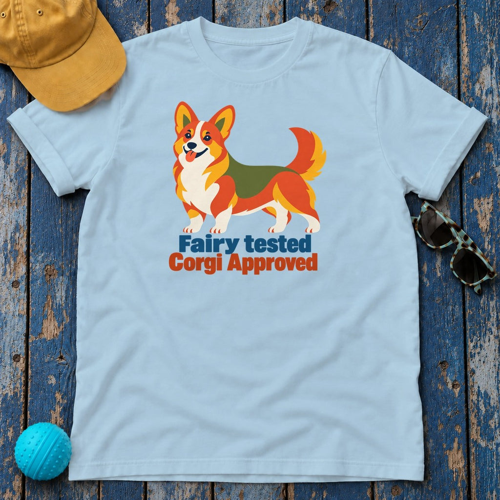Fairy Tested Corgi Approved T-Shirt — Light Blue