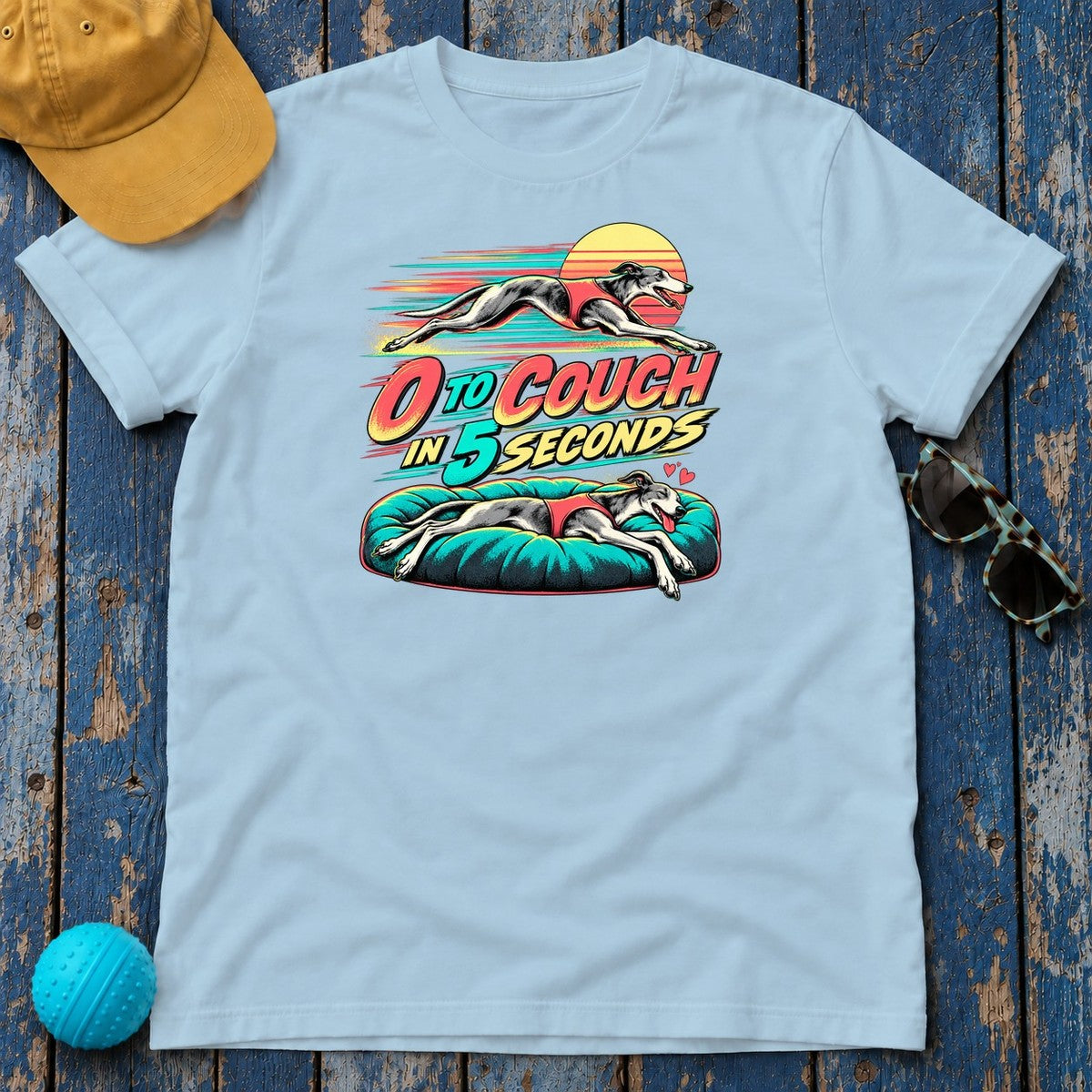 0 to Couch in 5 Seconds Greyhound T-Shirt in Light Blue - flat lay