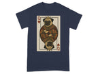 Queen of hearts pug in playing card design on navy t-shirt.