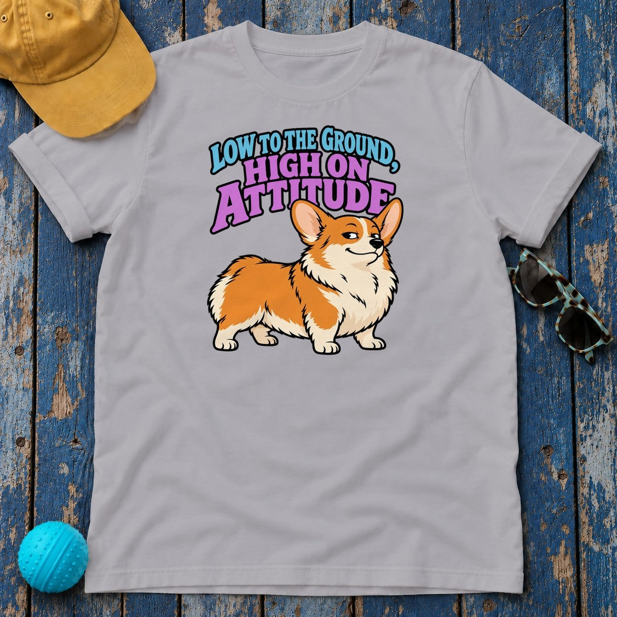 Low To The Ground High On Attitude Corgi T-Shirt in Athletic Heather - flat lay