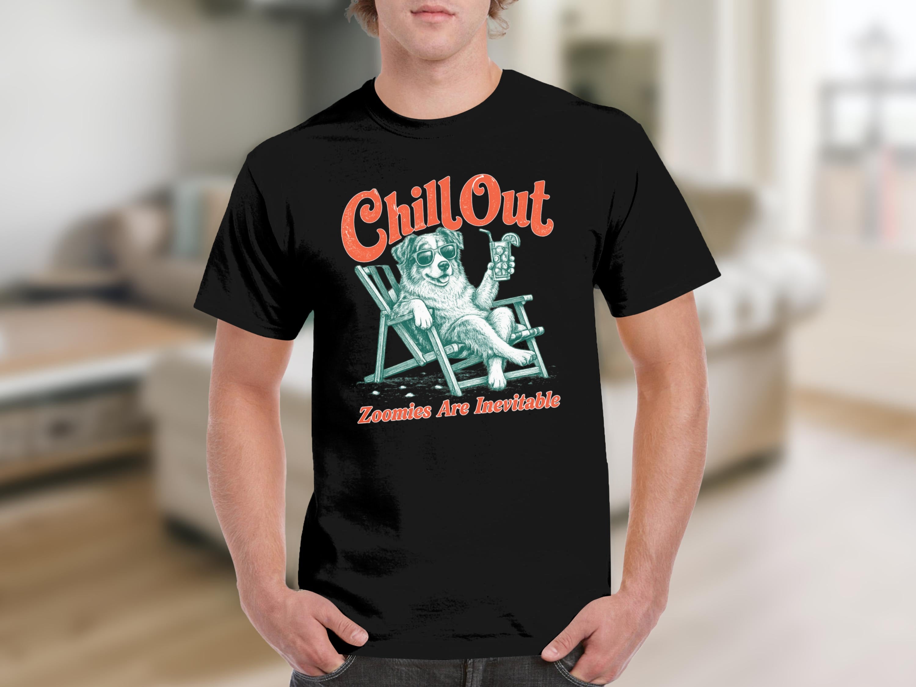 Dog in sunglasses relaxing on beach chair with "Chill Out" text.