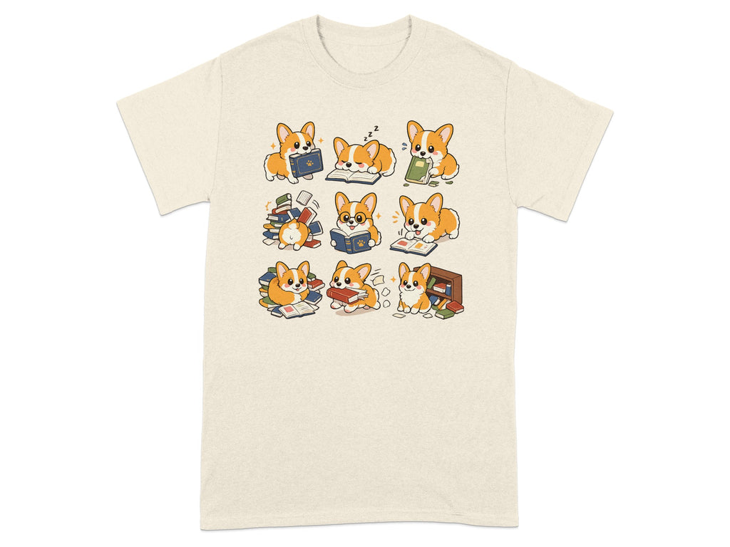 Nine illustrated corgis interacting with books on a cream t-shirt.
