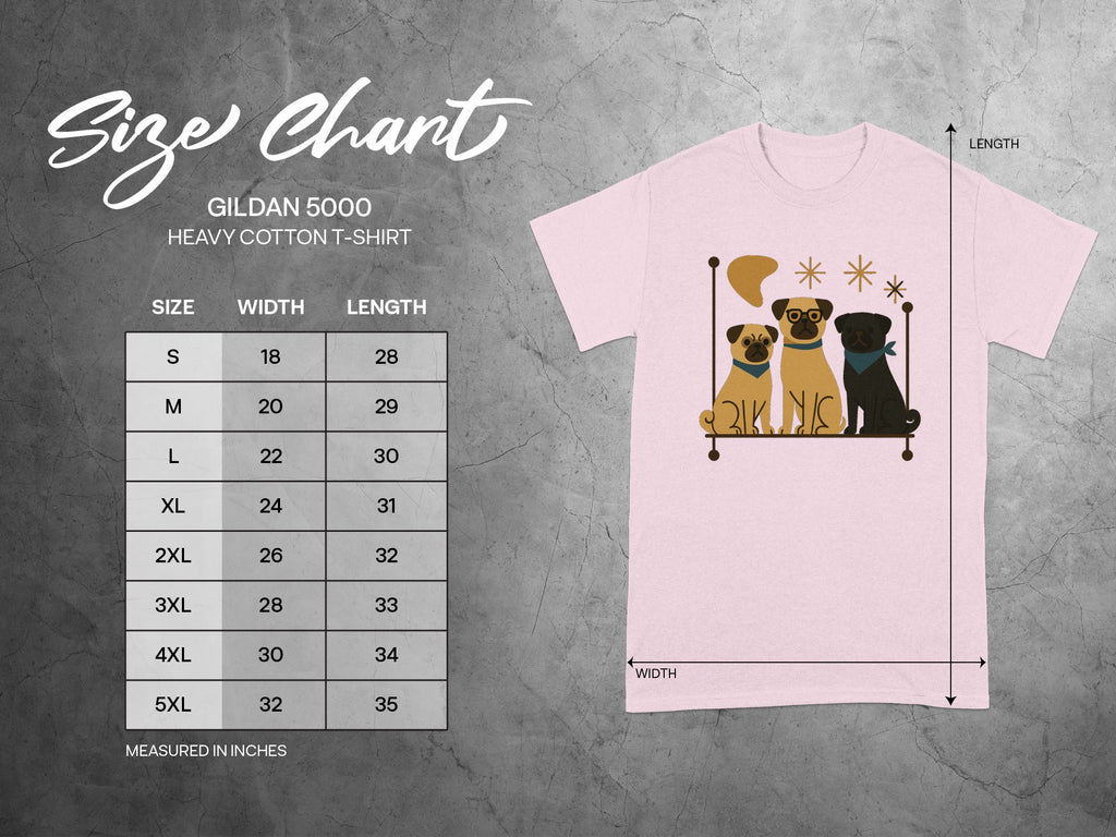 Gildan 5000 Heavy Cotton T-Shirt size chart with pug graphic.