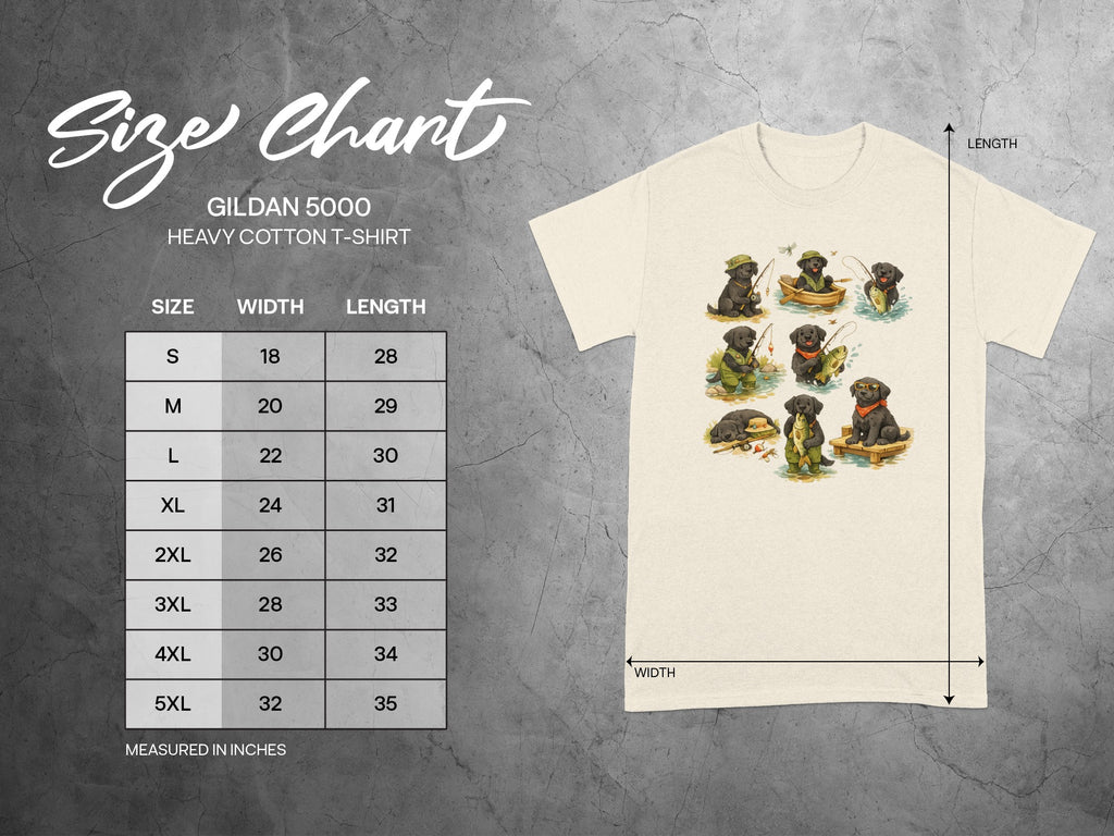 Gildan 5000 Heavy Cotton T-Shirt size chart with fishing black lab illustrations, measured in inches.