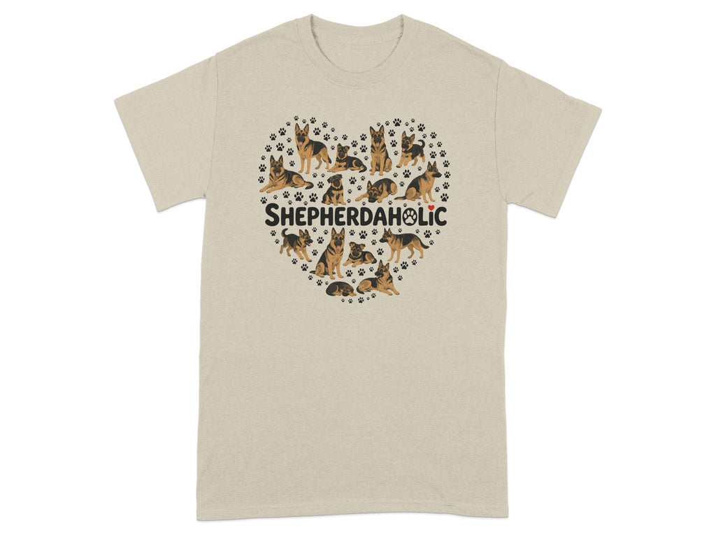 Heart-shaped graphic with German Shepherds and paw prints and "SHEPHERDAHOLIC" text.