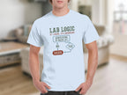 White t-shirt with "Lab Logic" flowchart about barking.