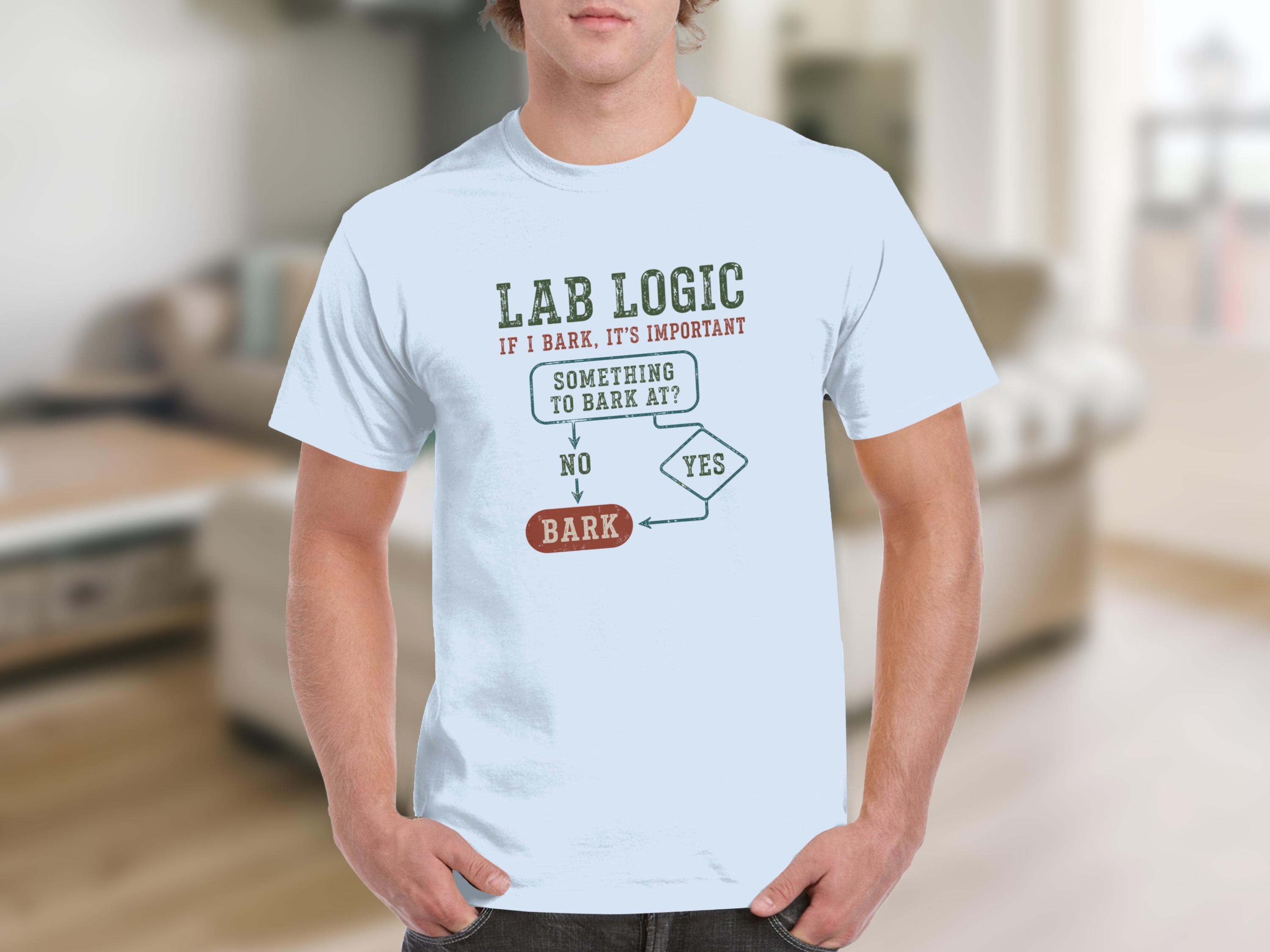 White t-shirt with "Lab Logic" flowchart about barking.