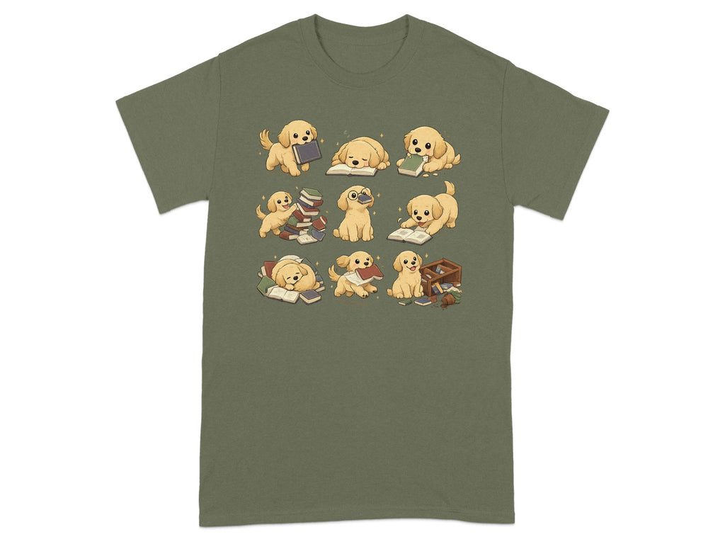 Illustration of nine golden retriever puppies interacting with books, some reading, some sleeping.