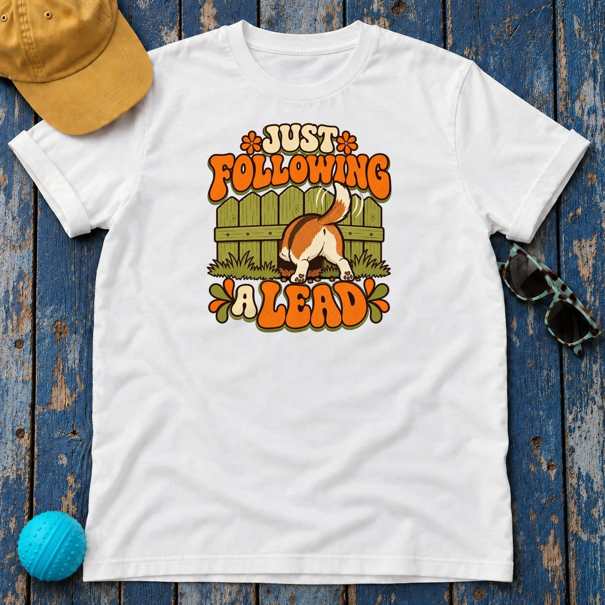 Just Following a Lead Beagle T-Shirt in White - flat lay