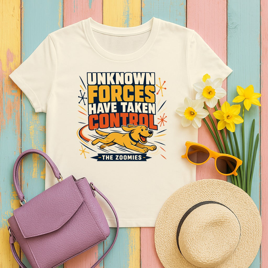 The Zoomies: Unknown Forces Dog T-Shirt in Natural
