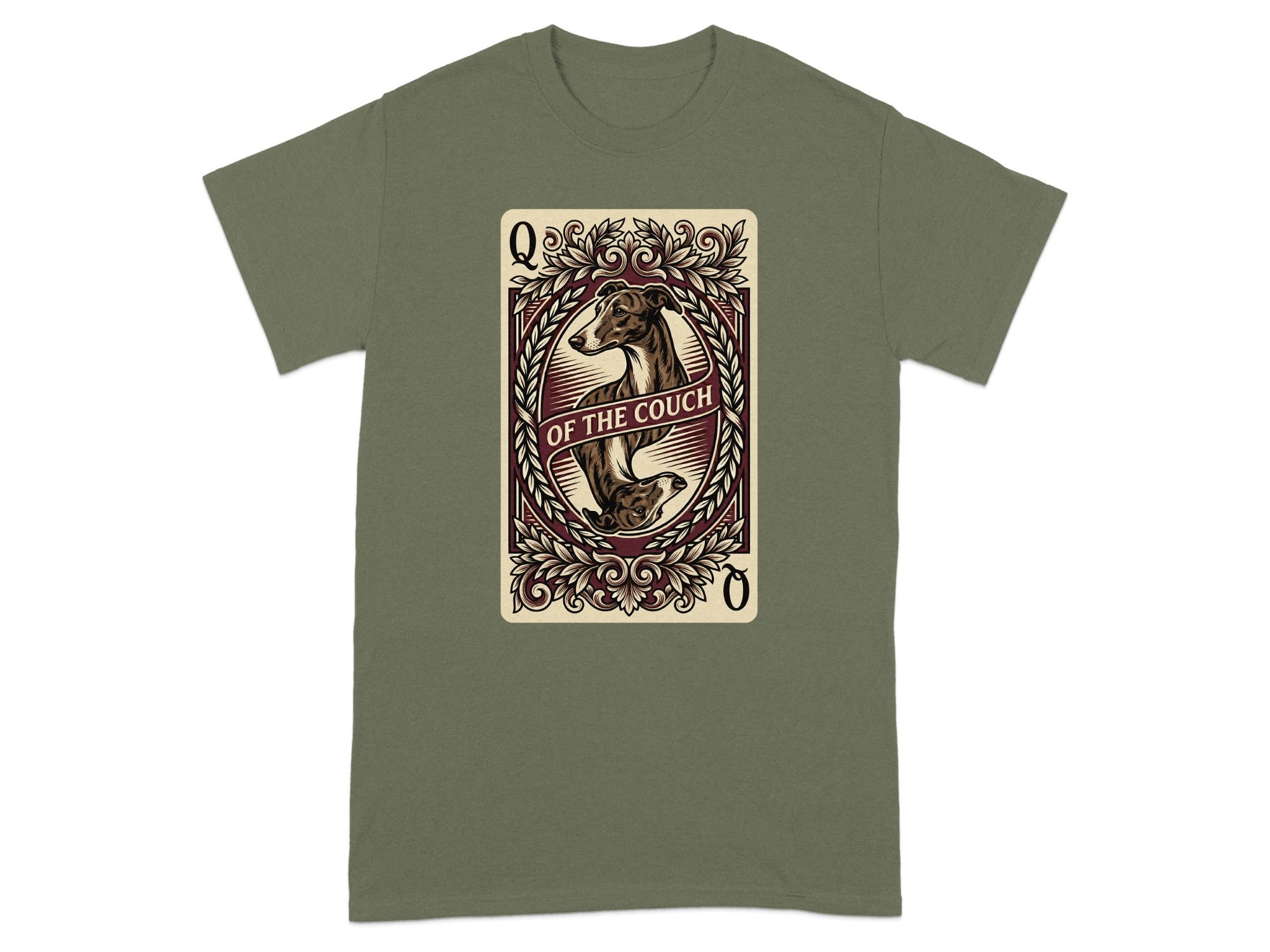 Queen of the Couch playing card design with Italian Greyhound on olive green t-shirt.