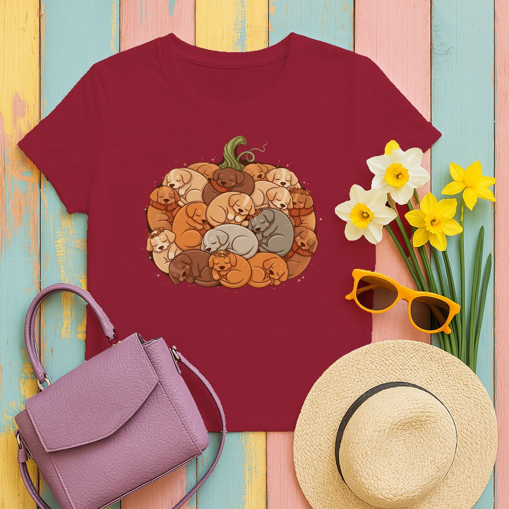 Pumpkin Full of Cute Sleeping Puppies Autumn Vibes T-Shirt in Cardinal Red