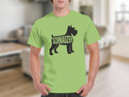 Light green t-shirt with black Schnauzer silhouette graphic and text.
