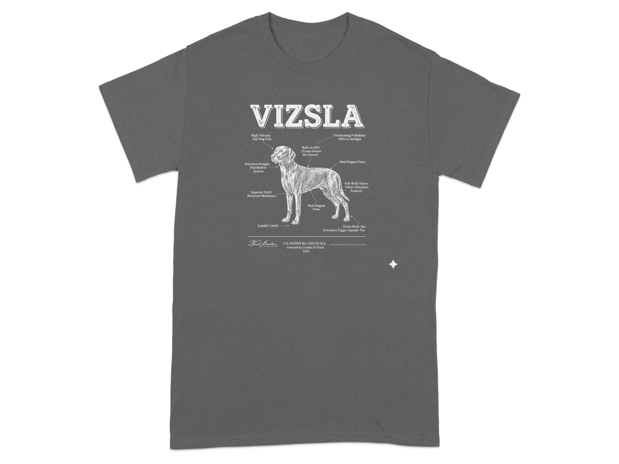 Vizsla schematic with humorous labels like "Mud Magnet Paws" and "Zoom Mode."
