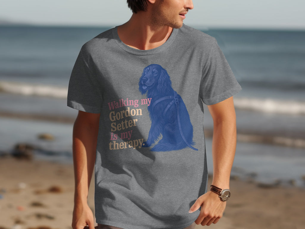 Grey t-shirt with blue Gordon Setter and text reading "Walking my Gordon Setter is my therapy."