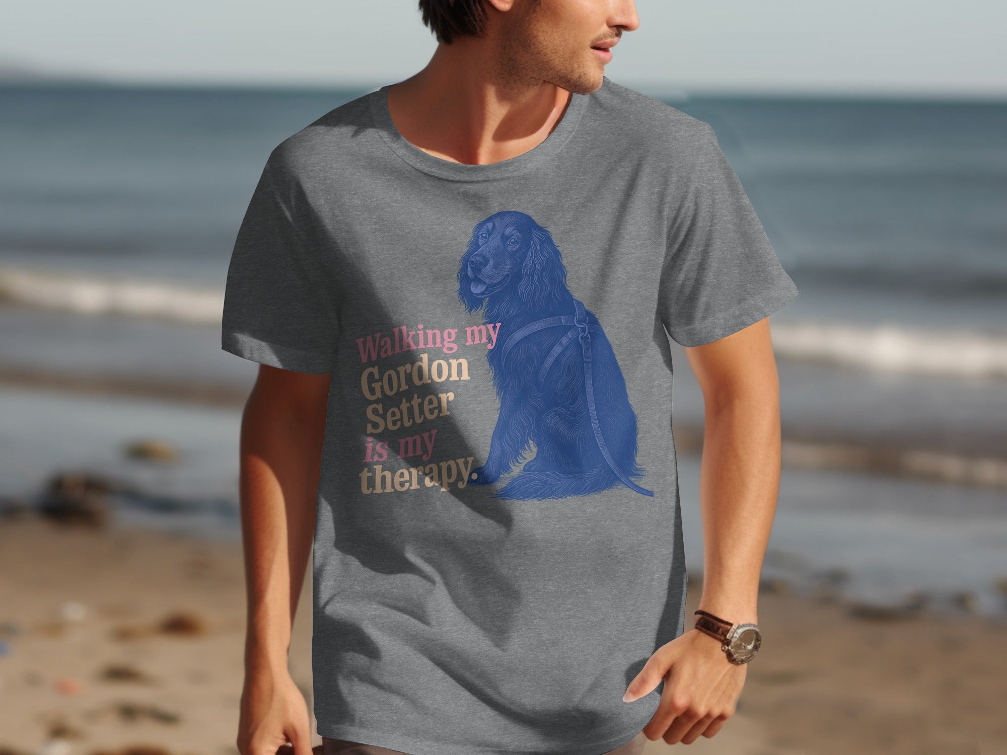 Grey t-shirt with blue Gordon Setter and text reading "Walking my Gordon Setter is my therapy."