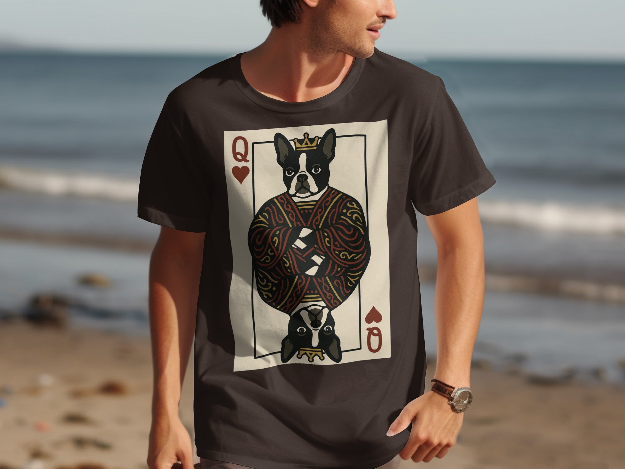 Dark t-shirt with a Queen of Hearts playing card graphic of a Boston Terrier.