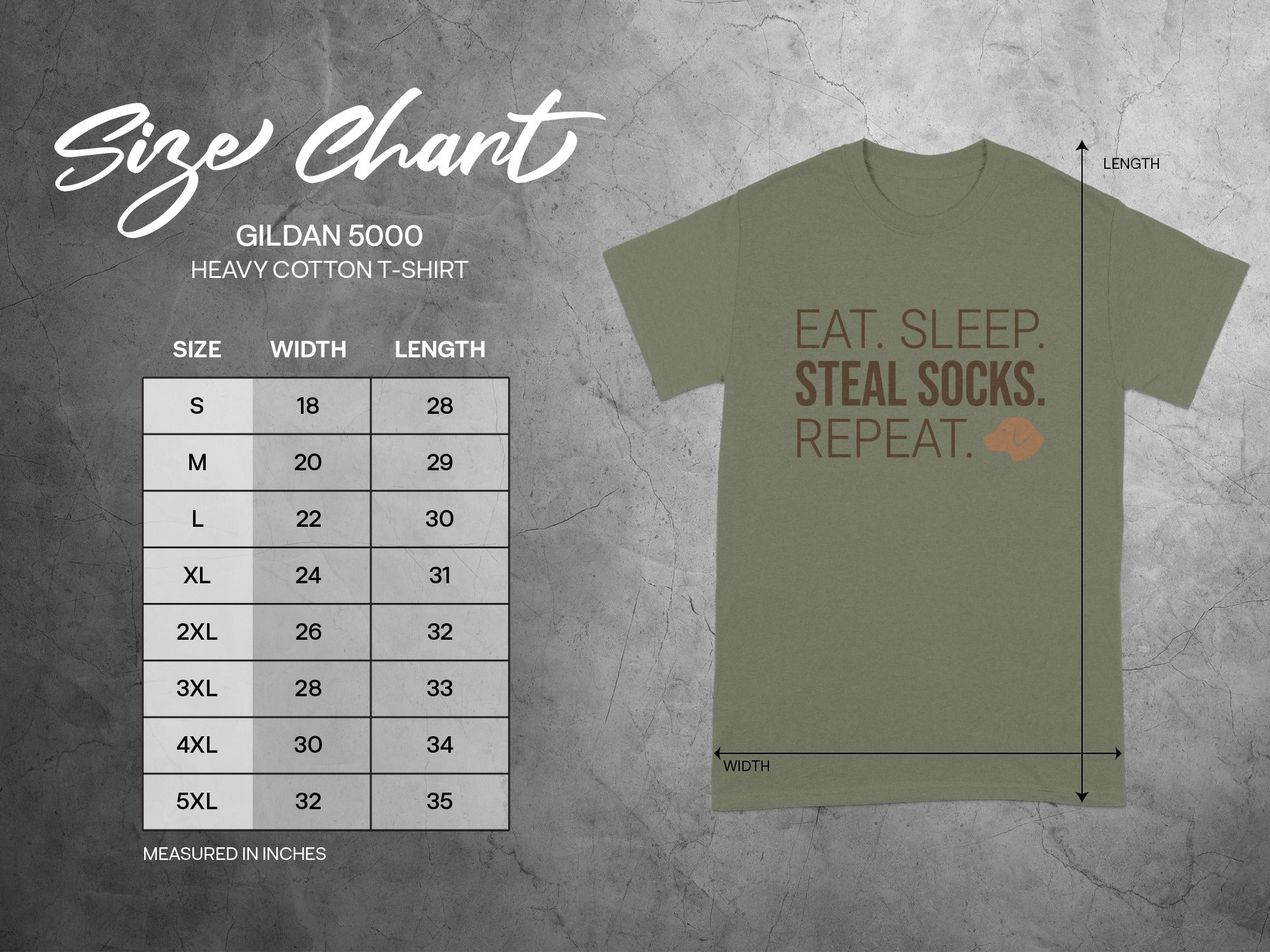 Gildan 5000 Heavy Cotton T-Shirt size chart with width and length measurements in inches.