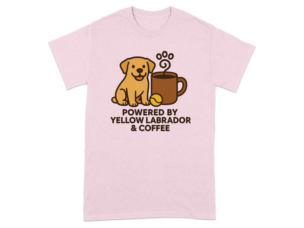 Pink t-shirt with yellow lab, coffee mug, and text: Powered by Yellow Labrador & Coffee