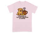 Pink t-shirt with yellow lab, coffee mug, and text: Powered by Yellow Labrador & Coffee