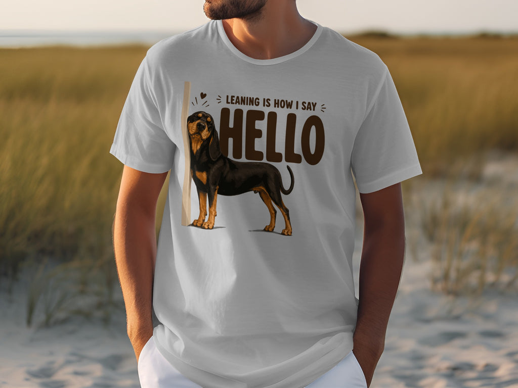 T-shirt with a dog and text "LEANING IS HOW I SAY HELLO".