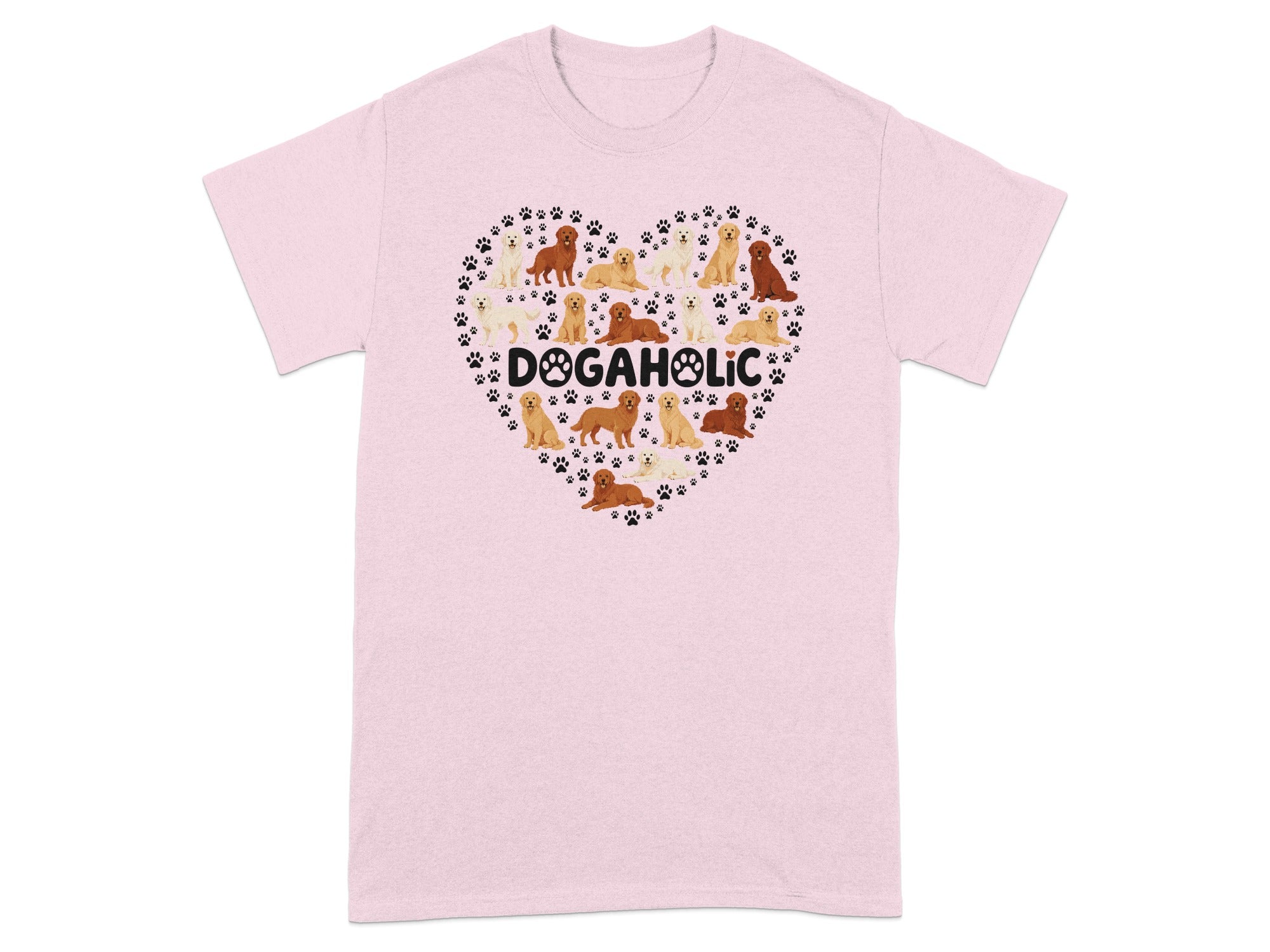 Pink t-shirt with a heart made of various dogs and paw prints.