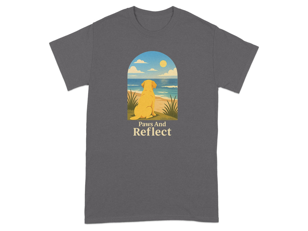 Yellow dog looking at ocean with text "Paws And Reflect".