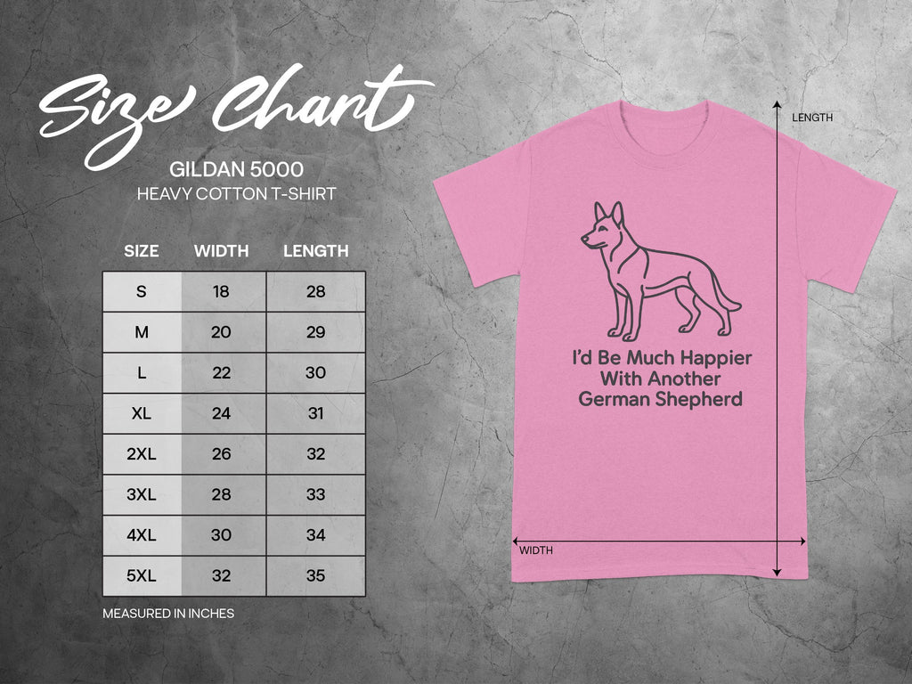 Gildan 5000 T-shirt size chart with width and length measurements in inches.